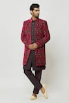 Buy_Aryavir Malhotra_Pink Sherwani And Kurta Velvet Printed Floral Pattern Front-open & Set _at_Aza_Fashions