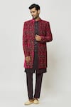 Shop_Aryavir Malhotra_Pink Sherwani And Kurta Velvet Printed Floral Pattern Front-open & Set _Online_at_Aza_Fashions