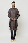 Buy_Aryavir Malhotra_Blue Sherwani And Kurta Velvet Thread Work Full Sleeve Front-open & Set _at_Aza_Fashions