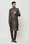 Buy_Aryavir Malhotra_Wine Sherwani And Kurta Velvet Embroidered Sequins Thread Front-open & Set_at_Aza_Fashions