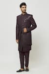 Aryavir Malhotra_Wine Sherwani And Kurta Art Silk Embroidered Sequins Front-open & Set _Online_at_Aza_Fashions