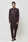 Aryavir Malhotra_Wine Sherwani And Kurta Art Silk Embroidered Sequins Front-open & Set _at_Aza_Fashions