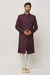 Buy_Aryavir Malhotra_Wine Dupion Art Silk Embroidery Retro Fleur Sherwani Set _at_Aza_Fashions