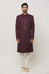 Aryavir Malhotra_Wine Dupion Art Silk Embroidery Retro Fleur Sherwani Set _Online_at_Aza_Fashions