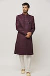 Buy_Aryavir Malhotra_Wine Dupion Art Silk Embroidery Retro Fleur Sherwani Set _Online_at_Aza_Fashions