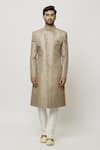 Aryavir Malhotra_Brown Dupion Art Silk Embroidery Jasmine Vine Boston Ivy Sherwani Set _Online_at_Aza_Fashions