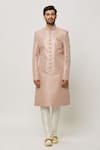 Shop_Aryavir Malhotra_Pink Dupion Silk Embroidery Acanthus Diamonte Vintage Sherwani Set_at_Aza_Fashions