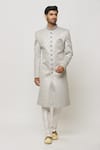 Buy_Aryavir Malhotra_Grey Dupion Silk Embroidery Diamonte Motif Sherwani Set _at_Aza_Fashions