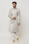 Aryavir Malhotra_Grey Dupion Silk Embroidery Diamonte Motif Sherwani Set _Online_at_Aza_Fashions