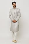 Buy_Aryavir Malhotra_Grey Dupion Silk Embroidery Diamonte Motif Sherwani Set _Online_at_Aza_Fashions