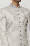 Shop_Aryavir Malhotra_Grey Dupion Silk Embroidery Diamonte Motif Sherwani Set _Online_at_Aza_Fashions