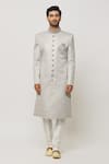 Aryavir Malhotra_Grey Dupion Silk Embroidery Diamonte Motif Sherwani Set _at_Aza_Fashions