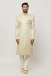 Aryavir Malhotra_Beige Dupion Silk Embroidery Sequin Diamonte Sherwani Set _Online_at_Aza_Fashions