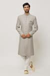 Buy_Aryavir Malhotra_Grey Dupion Art Silk Embroidery Tiger Lily Bloom Sherwani Set _at_Aza_Fashions