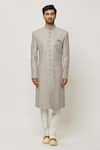 Aryavir Malhotra_Grey Dupion Art Silk Embroidery Tiger Lily Bloom Sherwani Set _Online_at_Aza_Fashions