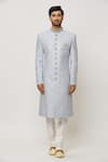 Aryavir Malhotra_Grey Dupion Art Silk Embroidery Persian Gardenia Sherwani Set _Online_at_Aza_Fashions