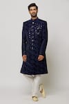 Buy_Aryavir Malhotra_Blue Dupion Art Silk Embroidery Iris Midnight Sherwani Set _at_Aza_Fashions