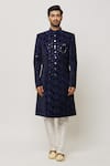 Aryavir Malhotra_Blue Dupion Art Silk Embroidery Iris Midnight Sherwani Set _Online_at_Aza_Fashions