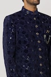 Shop_Aryavir Malhotra_Blue Dupion Art Silk Embroidery Iris Midnight Sherwani Set _Online_at_Aza_Fashions