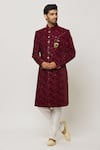 Buy_Aryavir Malhotra_Maroon Dupion Art Silk Embroidery Rafflesia Sherwani Set _at_Aza_Fashions