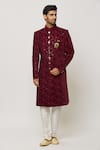 Aryavir Malhotra_Maroon Dupion Art Silk Embroidery Rafflesia Sherwani Set _Online_at_Aza_Fashions