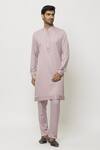 Buy_Adara Khan_Pink Art Banarasi Silk Plain Pintucked Bordered Kurta And Pant Set_at_Aza_Fashions
