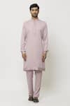 Adara Khan_Pink Art Banarasi Silk Plain Pintucked Bordered Kurta And Pant Set_Online_at_Aza_Fashions