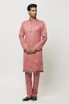 Buy_Samyukta Singhania_Pink Art Banarasi Silk Embroidered Thread Work Mandarin Collar Kurta _at_Aza_Fashions