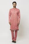 Samyukta Singhania_Pink Art Banarasi Silk Embroidered Thread Work Mandarin Collar Kurta _Online_at_Aza_Fashions