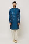 Aryavir Malhotra_Blue Sherwani Art Silk Embroidered Sequin And Thread Set _Online_at_Aza_Fashions