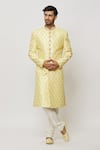 Buy_Aryavir Malhotra_Yellow Sherwani Art Silk Embroidered Thread Set _Online_at_Aza_Fashions