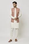 Buy_Aryavir Malhotra_Cream Kurta And Pant Art Banarasi Silk Plain Printed Jacket Set _at_Aza_Fashions