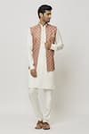 Buy_Aryavir Malhotra_Cream Kurta And Pant Art Banarasi Silk Plain Printed Jacket Set _Online_at_Aza_Fashions