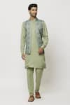 Buy_Aryavir Malhotra_Green Kurta And Pant Art Banarasi Silk Printed Jacket Aligadi Set _at_Aza_Fashions