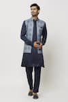 Buy_Aryavir Malhotra_Blue Kurta And Pant Art Banarasi Silk Printed Long Jacket Aligadi Set _Online_at_Aza_Fashions