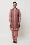 Aryavir Malhotra_Pink Kurta And Pant Art Banarasi Silk Cuffed Sleeve Printed Jacket Set _at_Aza_Fashions