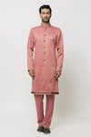 Aryavir Malhotra_Pink Sherwani And Pant Art Banarasi Silk Plain Printed Jacket Set_at_Aza_Fashions