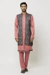 Buy_Aryavir Malhotra_Pink Sherwani And Pant Art Banarasi Silk Plain Printed Jacket Set