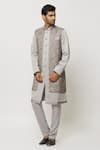 Buy_Aryavir Malhotra_Grey Sherwani And Pant Art Banarasi Silk Printed Jacket Aligadi Set _at_Aza_Fashions