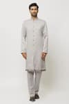 Aryavir Malhotra_Grey Sherwani And Pant Art Banarasi Silk Printed Jacket Aligadi Set _Online_at_Aza_Fashions