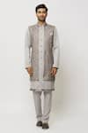 Shop_Aryavir Malhotra_Grey Sherwani And Pant Art Banarasi Silk Printed Jacket Aligadi Set _Online_at_Aza_Fashions