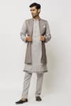 Aryavir Malhotra_Grey Sherwani And Pant Art Banarasi Silk Printed Jacket Aligadi Set _at_Aza_Fashions