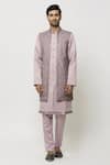 Aryavir Malhotra_Pink Sherwani And Pant Art Banarasi Silk Solid Printed Jacket Set_at_Aza_Fashions
