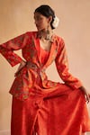 Saundh_Red Raw Silk Printed Floral Notched Lapel Collar Bahar Blazer Palazzo Set _Online_at_Aza_Fashions