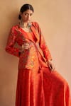 Shop_Saundh_Red Raw Silk Printed Floral Notched Lapel Collar Bahar Blazer Palazzo Set _Online_at_Aza_Fashions