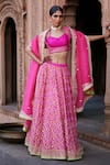 Buy_Weaver Story_Pink Lehenga Georgette Bandhani Sweetheart Neck Banarasi Art Bridal Set _at_Aza_Fashions