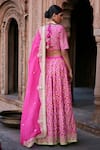 Shop_Weaver Story_Pink Lehenga Georgette Bandhani Sweetheart Neck Banarasi Art Bridal Set _at_Aza_Fashions