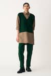 Buy_THREE_Emerald Green Heavy Cotton Twill Plain Front Pleated Pant  _at_Aza_Fashions