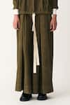 THREE_Green Corduroy Plain Inverted Pleated Trouser  _Online_at_Aza_Fashions