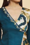 Shop_Samyukta Singhania_Blue Japan Satin Printed Shibori V Neck Embroidered Wrap Over Jumpsuit _Online_at_Aza_Fashions